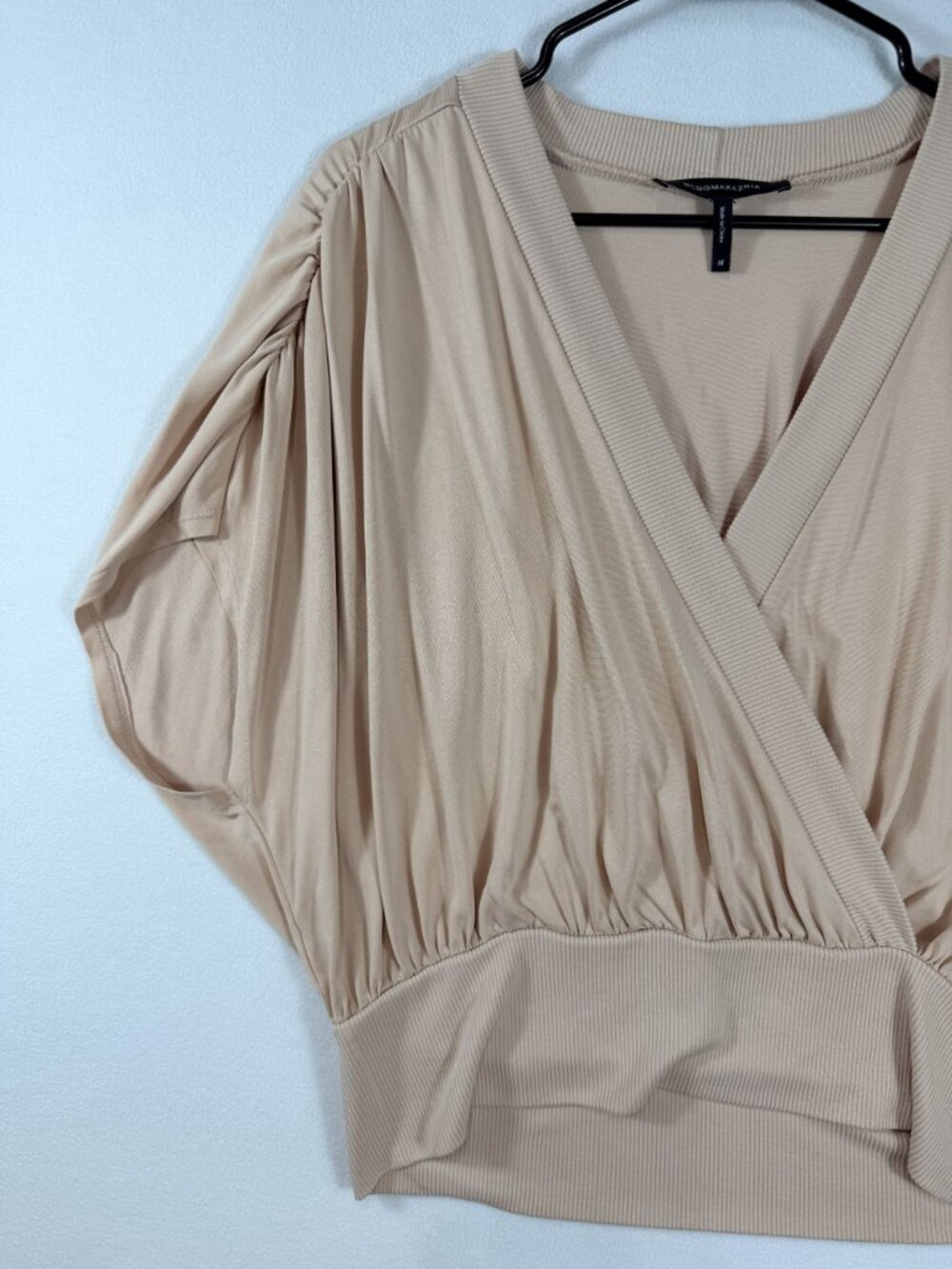 BCBGMAXAZRIA Women’s M Beige Surplice Dolman Sleeve Banded Hem Blouse - Picture 6 of 15